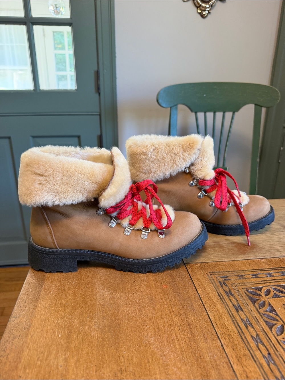 J. Crew Toddler Faux-Shearling Hiking Boots in Tan with Red Laces